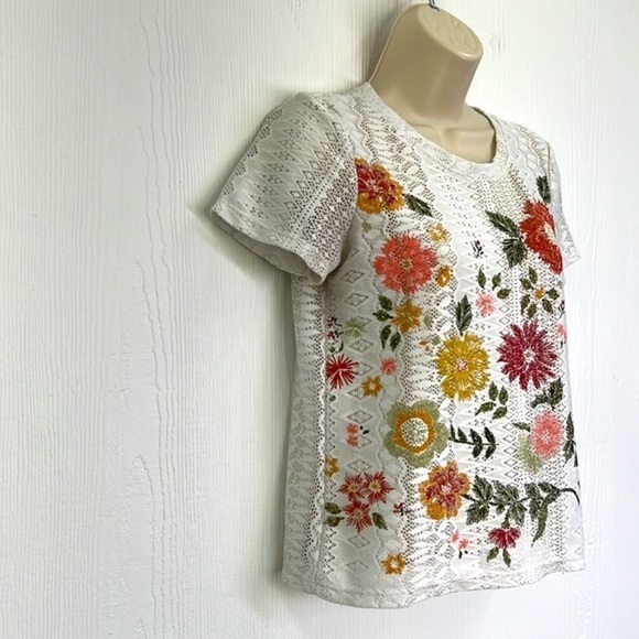 Zara - Bright Floral White Lace Short Sleeve Top Size Small - Picture 5 of 11